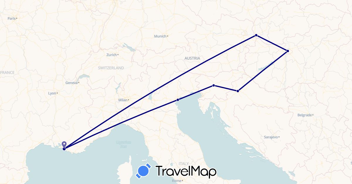 TravelMap itinerary: driving in France, Croatia, Hungary, Italy, Slovenia, Slovakia (Europe)